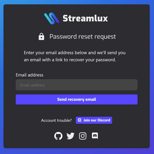 Screenshot of the Streamlux website password reset form