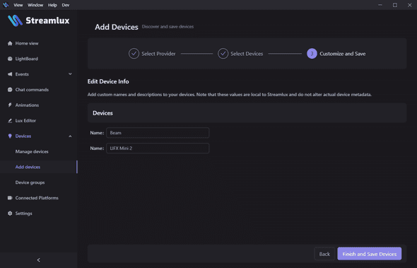 Screenshot of the add devices step 3 view