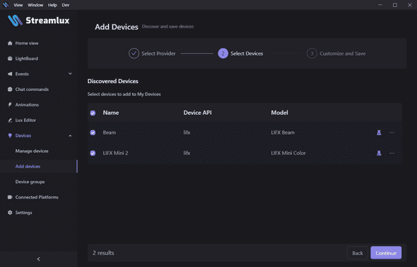 Screenshot of the add device step 2 view with the discovered devices selected