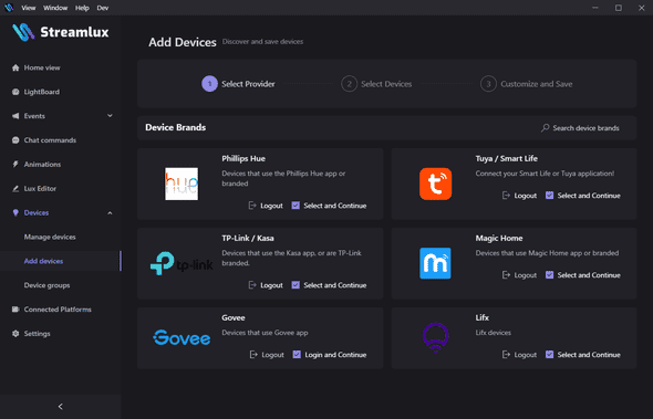 Screenshot of the add devices step 1 view