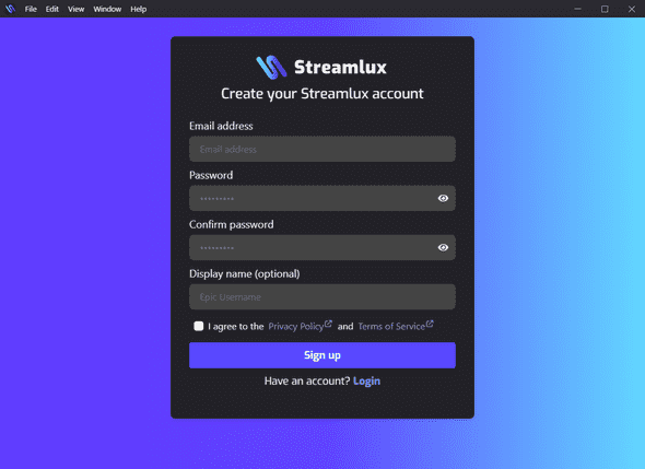 Screenshot of the Streamlux app signup screen