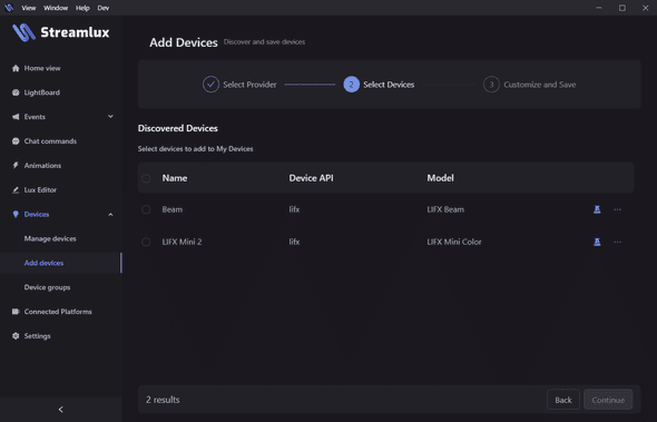 Screenshot of the add devices step 2 view