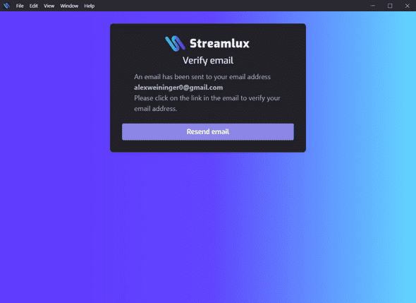 Screenshot of the Streamlux app verify email screen