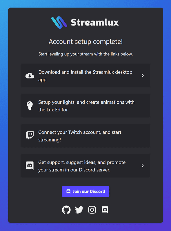 Screenshot of the Streamlux website account completion screen