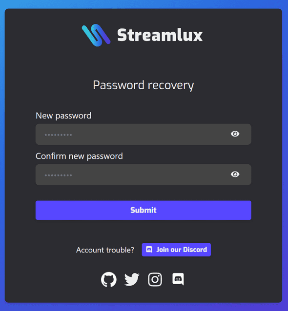 Screenshot of the Streamlux website password reset form